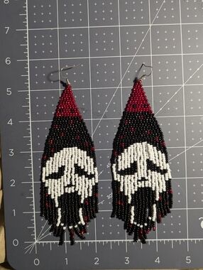 Handmade Beaded Scream Fringe Earrings in Black, White & Red
